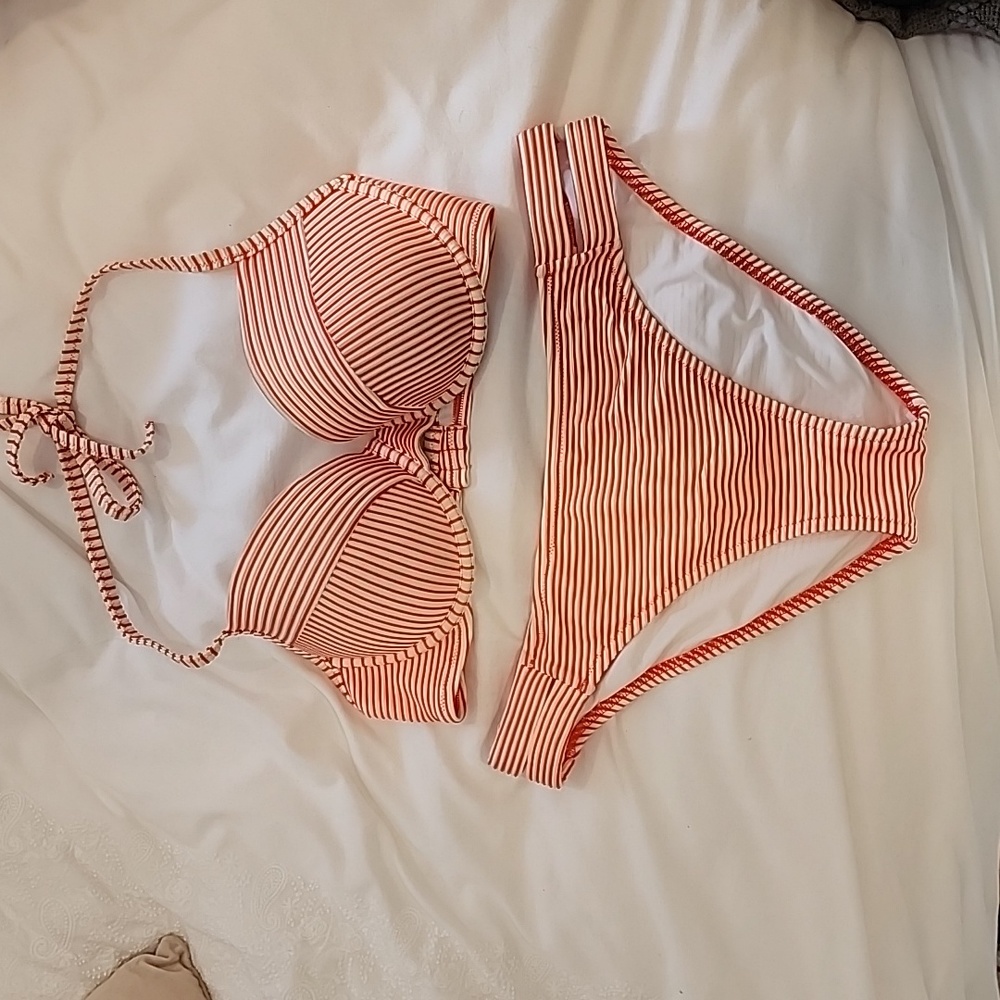 Shade & Shore red & white striped Bikini Set. Bottoms, L. Top - 36C.